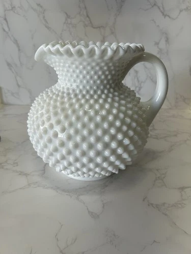 Vintage  White Hobnail Milk Glass Pitcher 8” Ruffled Rim Mid Century