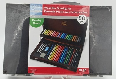 Artist s Loft Wood Box Case Drawing Set 50 Pc Colored Pencils Soft Pastels NEW
