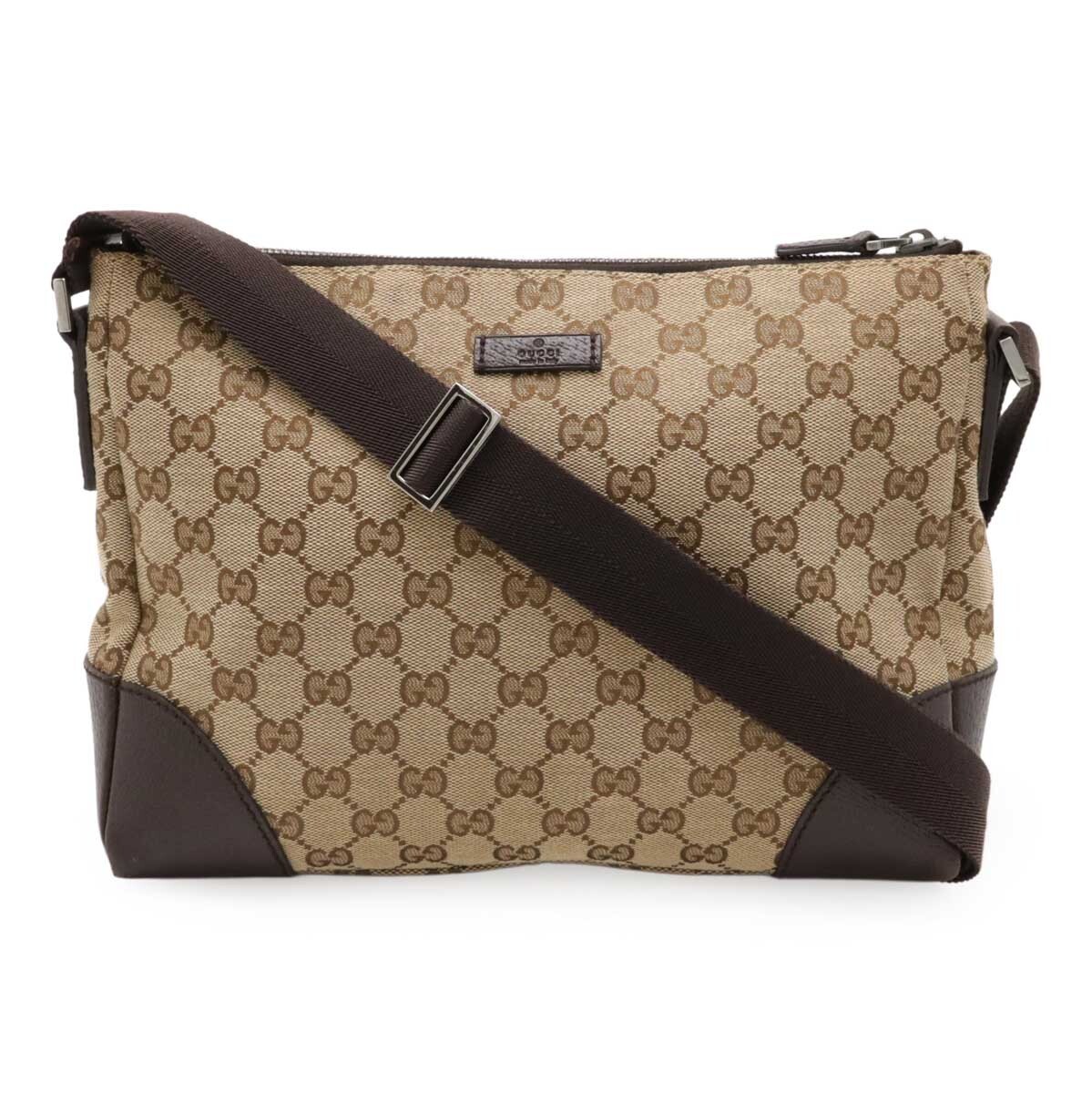 GUCCI GG Canvas Khaki Beige Dark Brown Leather Shoulder Messenger Crossbody Bag