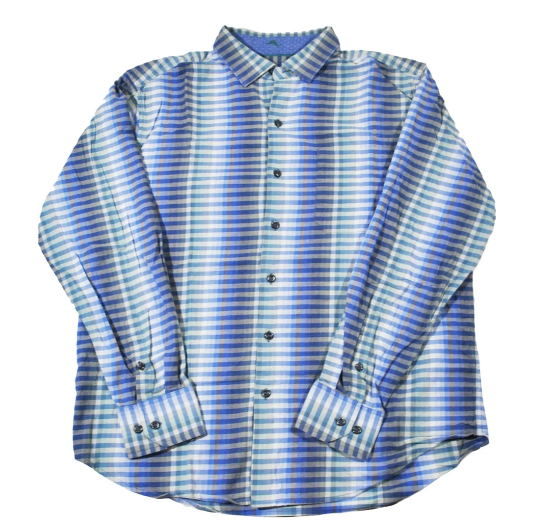 Tommy Bahama Pattern Hawaiian Blue Colorful Beach Button Mens Shirt Size Medium