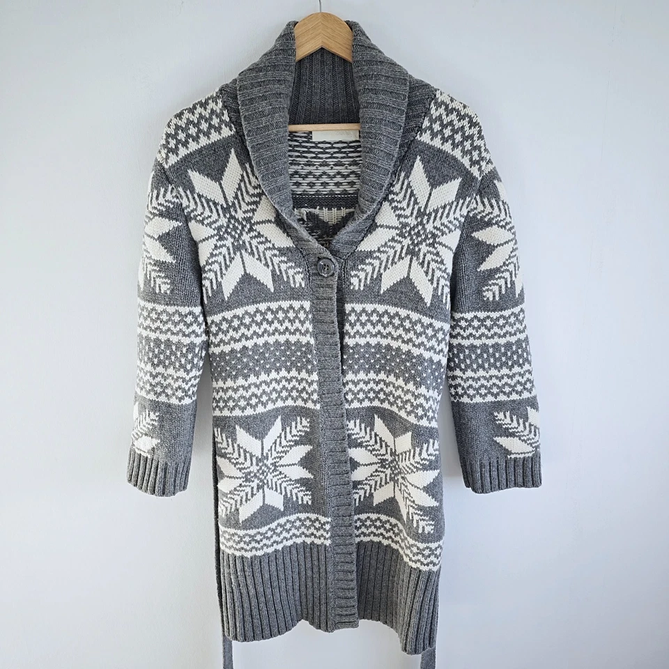 Ronit Zilkha M UK 12 Cardigan Coatigan Women's Grey White Fair Isle Belted Wool - Image 3 of 4