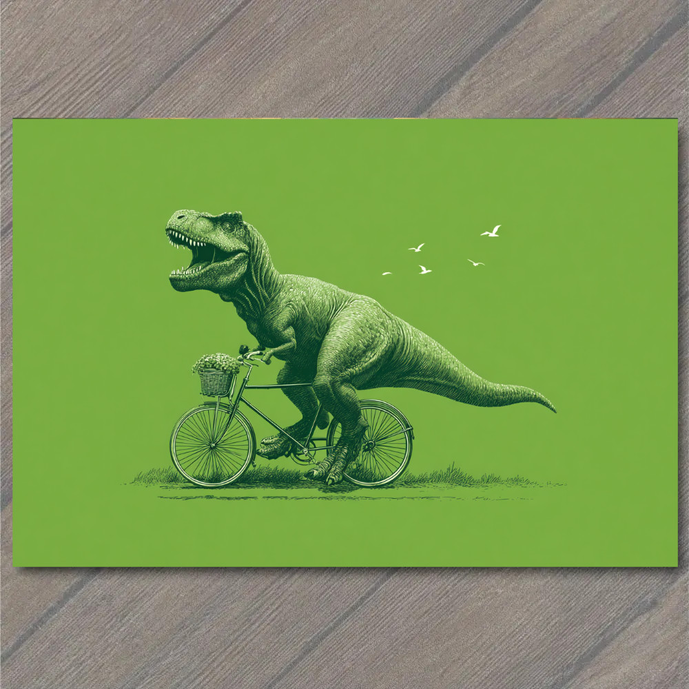Rex Postcards POSTCARD T Rex Riding Bicycle Minimal Green Dinosaur Humor Surreal ...