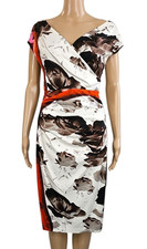 TALBOT RUNHOF $1580 Floral Asymmetric Sleeve V Neck Ruched Sheath Dress 36 / 6US