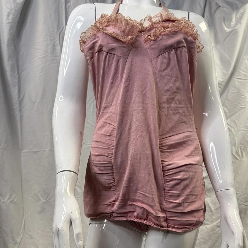 Traje de baño vintage años 50 Marco rosa acanalado de una pieza ribete de encaje talla 6 Foto 2 de 4