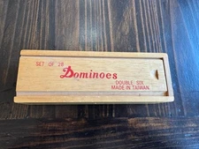 VINTAGE SET OF 28 SOUBLE SIX DOMINOES IN WOODEN BOX MANUAL COMPLETE