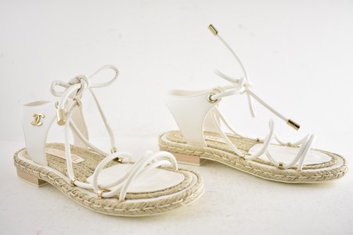Chanel 20S White Lambskin CC Logo Mules Lace Up Tie Sandal Espadrille Flat 36 - Picture 4 of 21