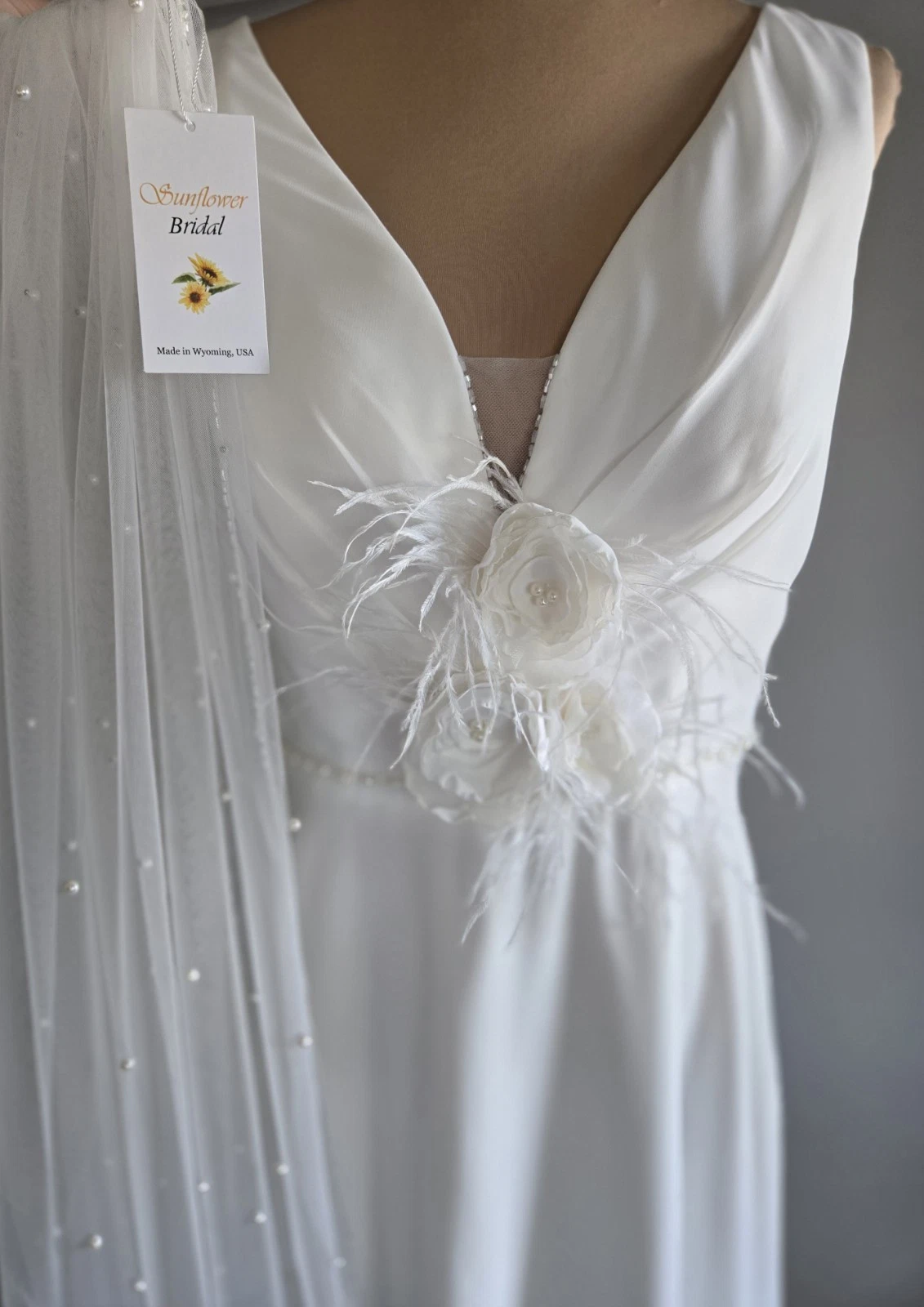 OFF WHITE Abito da sposa made in USA bianco sporco chiffon linea A treno taglia M L