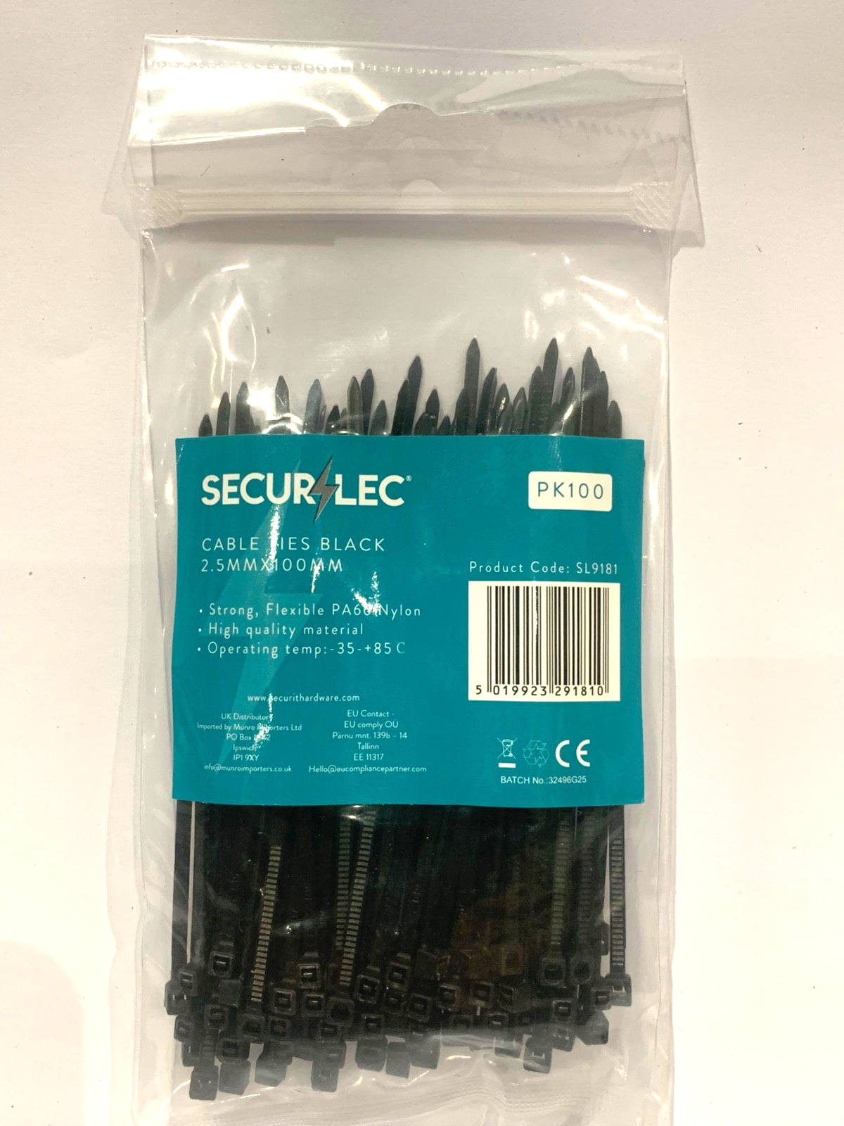 Cable Ties Black 100mm x 2.5mm  - Pack of 100