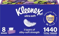 Kleenex Ultra Soft Facial Tissues, 8 Flat Boxes, 180 Tissues per Box, 3-Ply