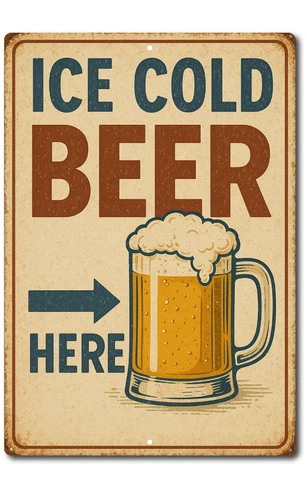 Vintage Ice Cold Beer Metal Sign with Arrow – Retro Bar Pub Garage Wall Decor