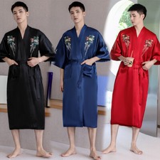 Chinese Traditional Silk Satin Robe Men Embroidery Bathrobe Plus Size Pajamas
