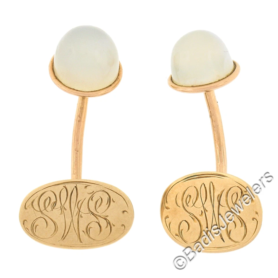 Antiguo conjunto de gemelos de piedra lunar blanca de piedra lunar blanca de oro amarillo de 14 quilates de 9 mm Foto 2 de 4