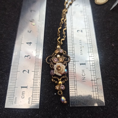Michal Negrin Necklace Carved Rose Pink Pendant Shabby Chic Crystal Filigree New - Picture 16 of 16
