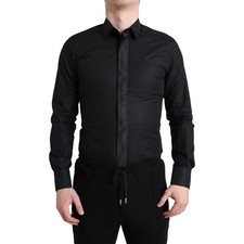 DOLCE & GABBANA Shirt Dress GOLD Black Cotton Logo Men Formal 38/ US15/XS 750usd