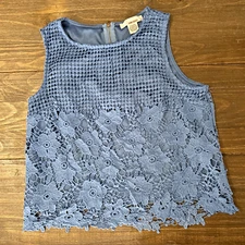 Sans Souci Womens Shirt Size M Blue Crochet Lace Open Knit Sleeveless
