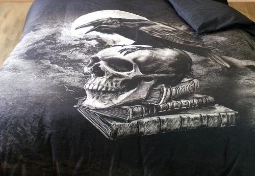 GREY BLACK POE'S RAVEN DUVET COVER SET ALCHEMY GOTHIC CROW BIRDS SKULL MOON - Picture 2 of 4