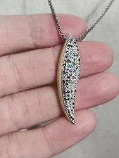 Swarovski Signed Pave Crystal Rhodium Plated Enamel Curved Pendant Necklace