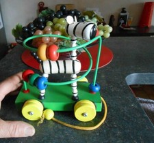 Ancien Jeu de Bébé, Jouet Bois Fil Fer ,Zèbre Ressort Style a Poussoir & Boules
