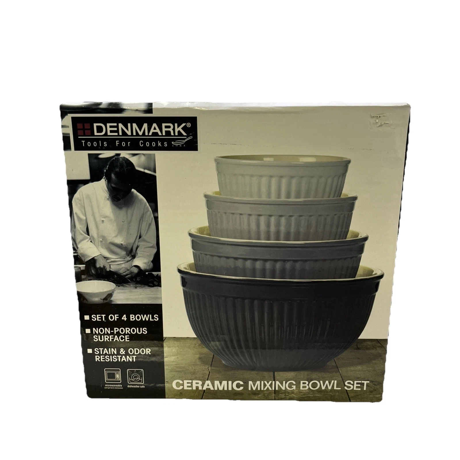 Denmark Tools For Cooks 4-Piece Ceramic Mixing Bowl Set Gray Ribbed Nesting New