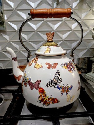 Mackenzie-Childs Butterfly Enamel Tea Kettle Pink Glass Finial Wood Handle 12''