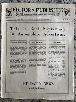 Antique 1919 EDITOR and PUBLISHER Print Trade Newspaper Advertiser Magazine Auto