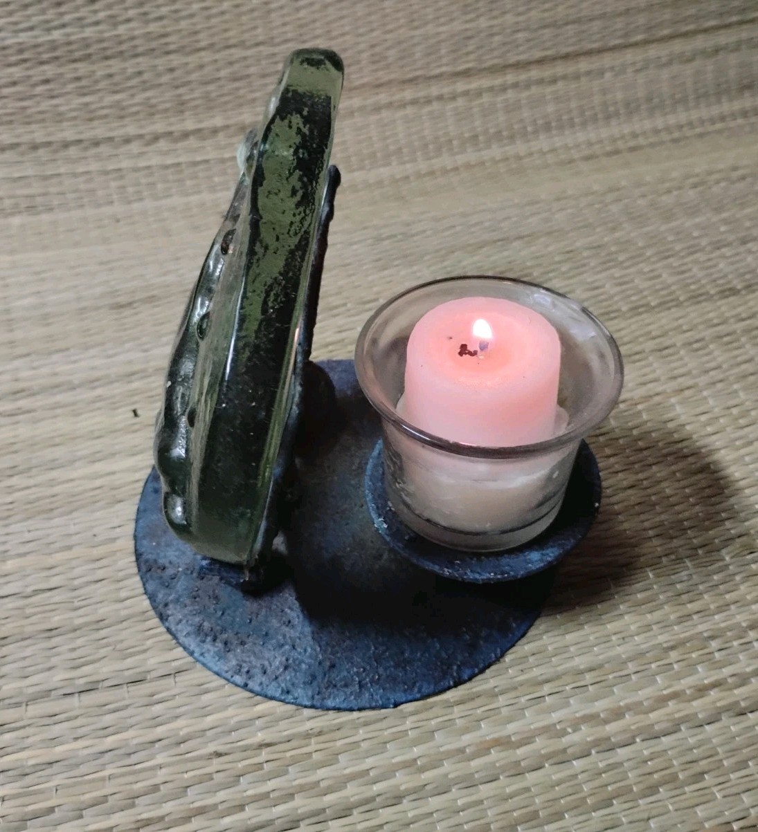 Tea Candle Holder Cast Iron Textured Base Dolphin Glass Art Candle Holder 