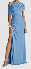 Halston Women's Blue Casi Draped Bodice Gown Dress Size 14