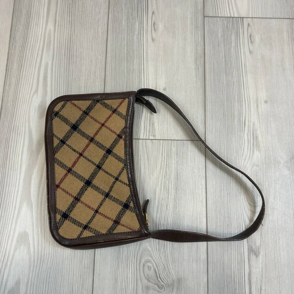 Bolsa de mão Brooks Brothers xadrez couro italiano pequena marrom e lã marrom - Imagem 4 de 4