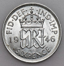 1946 GEORGE VI SIXPENCE, BRITISH SILVER COIN, BU