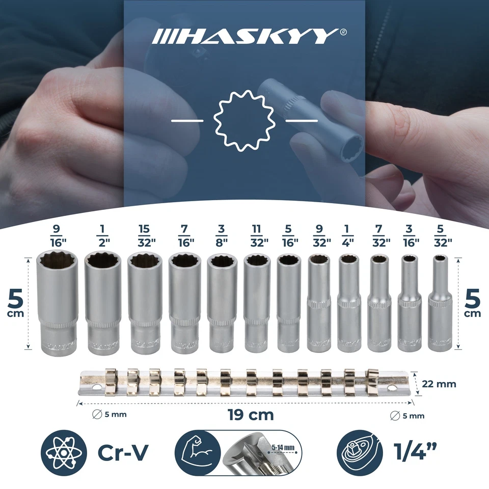 HASKYY Zoll Steckschlüsselsatz 12-tlg. 5/32"-9/16" SAE Stecknüsse 1/4" US zöllig - Bild 2 von 4