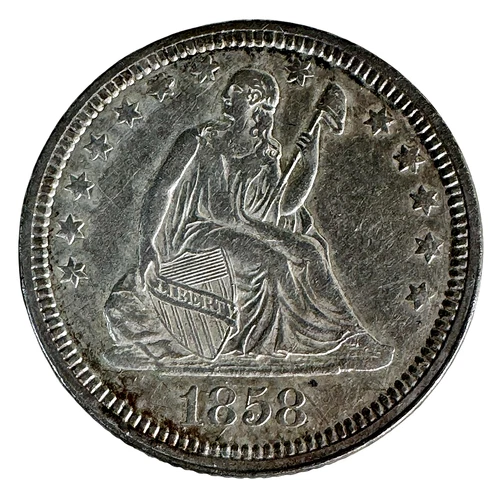 US 1858 Seated Liberty Quarter AU Details Silver 25 Cents