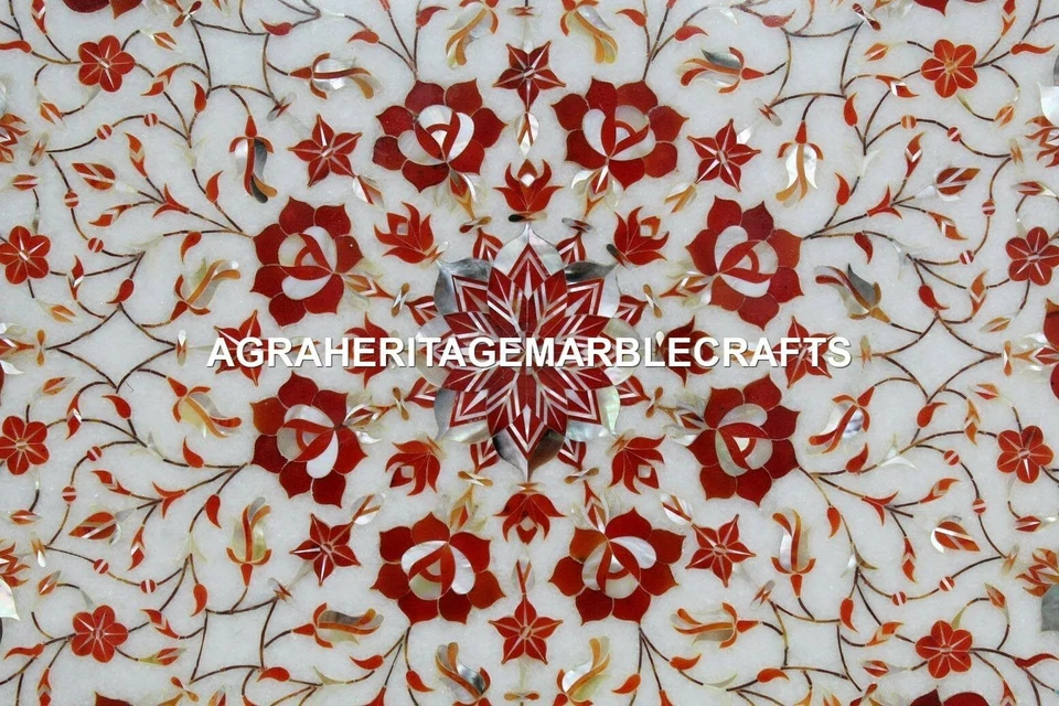 Marble Side Coffee Table Set Coral Inlay Gemstone Pietradure Outdoor Decor H1390 - Image 2 of 4