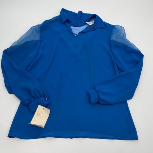 Avi Fashion Womens Blouse Medium Blue Casual Collared Sheer Embroidered Preppy
