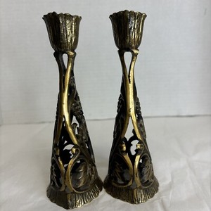 Judaica Israel Brutalist Brass Finish Two Shabbat Candle Holders 6” Tal