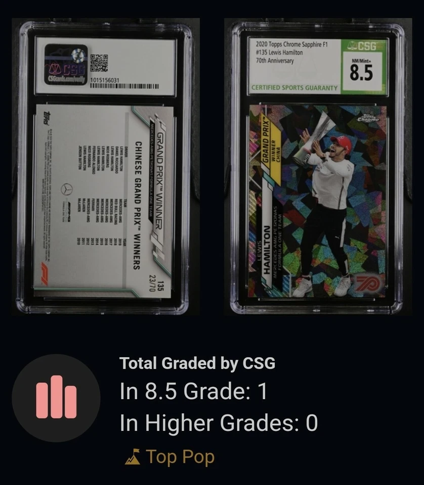 2020 Topps Chrome Sapphire #135 Lewis Hamilton /70 Refractor CSG 8.5 NM Mint 1/1 - Image 2 of 4