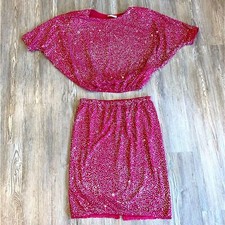 Mint Vintage Made in USA Skirt Set Martinique Hot Pink Barbie Sparkle Union Made
