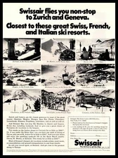 1970 Swissair Airlines Swiss French Italian Alps Ski Resorts Vintage Print Ad