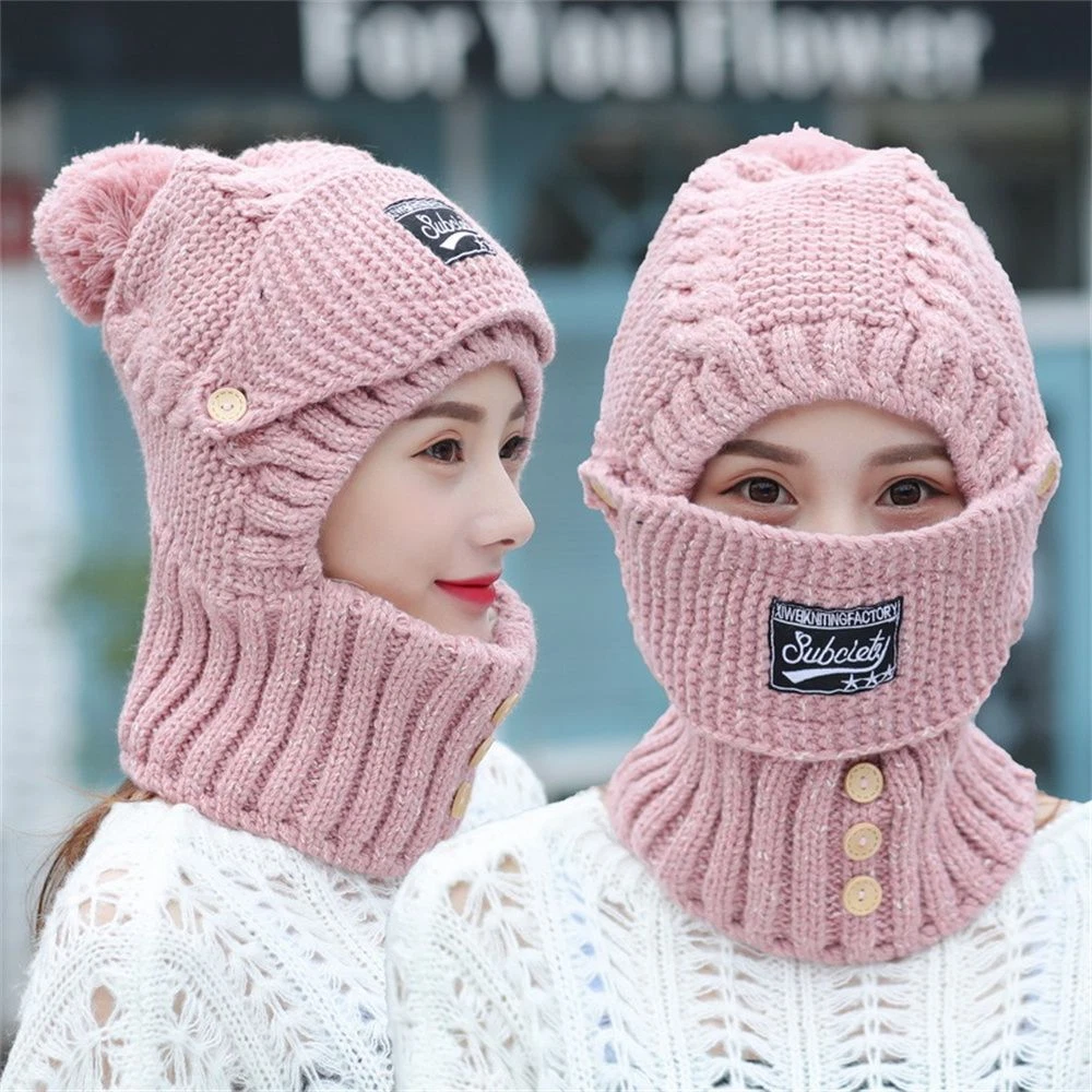 Windproof Girls Women's Wool Hat Set Knitted Hat Face Cover Hat Scarf Set