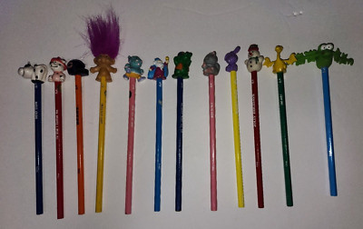 12 Vintage Russ Pencils With Toppers Troll Snowman Cow Dog Bunny