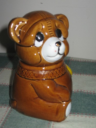 Oso de miel vintage de cerámica Houston Foods con arco amarillo Taiwán R.O.C. 1982 - Imagen 7 de 12