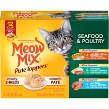 Meow Mix Pate Toppers Seafood & Poultry Variety Pack Wet Cat Food, 12 Cups, NEW