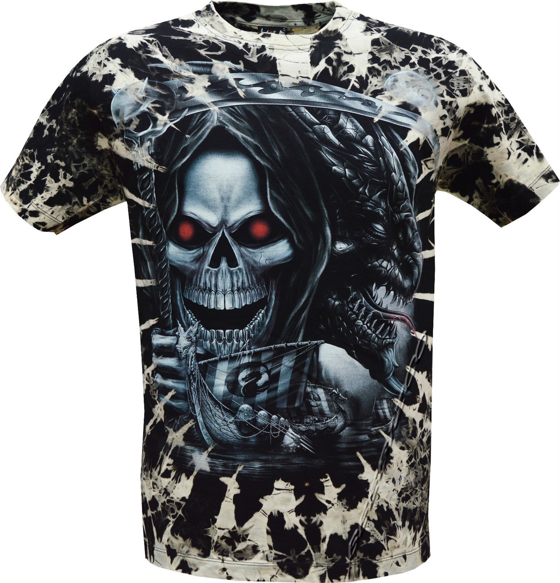 The Grim Reaper Glow In The Dark Dragon Skull Axe Tye Dye T- Shirt