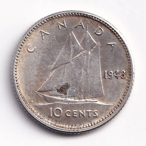 Canada 1943 Ten Cent Dime King George VI .800 Silver Coin - EF40