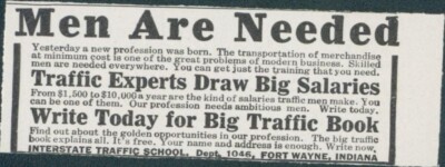 1915 Men Needed Traffic Experts Big Salaries Traffic Book Offer School Ad CO7