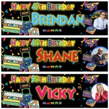 2 Personalised Birthday Banner Photo 80's theme Adults Party Poster Decoration