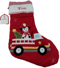 Pottery Barn Kids Tim Scotty Dog Firetruck Christmas Holiday Stocking Quilted