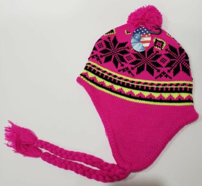 NWT Girls Womens Knit Winter Hat Beanie Ear Flap Tassel Pink