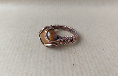 Oxidiertes Kupfer & Ozean Jaspis Cabochon Draht gewickelt Ring Handarbeit   