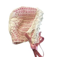 Handmade VTG Ecru Crochet Baby Bonnet Lined Satin Ruffle Pink Satin Ties Newborn