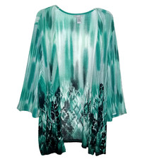 Catherines Kimono Cardigan Duster 3X Turquoise Blk Boho Open Blouse Vacation